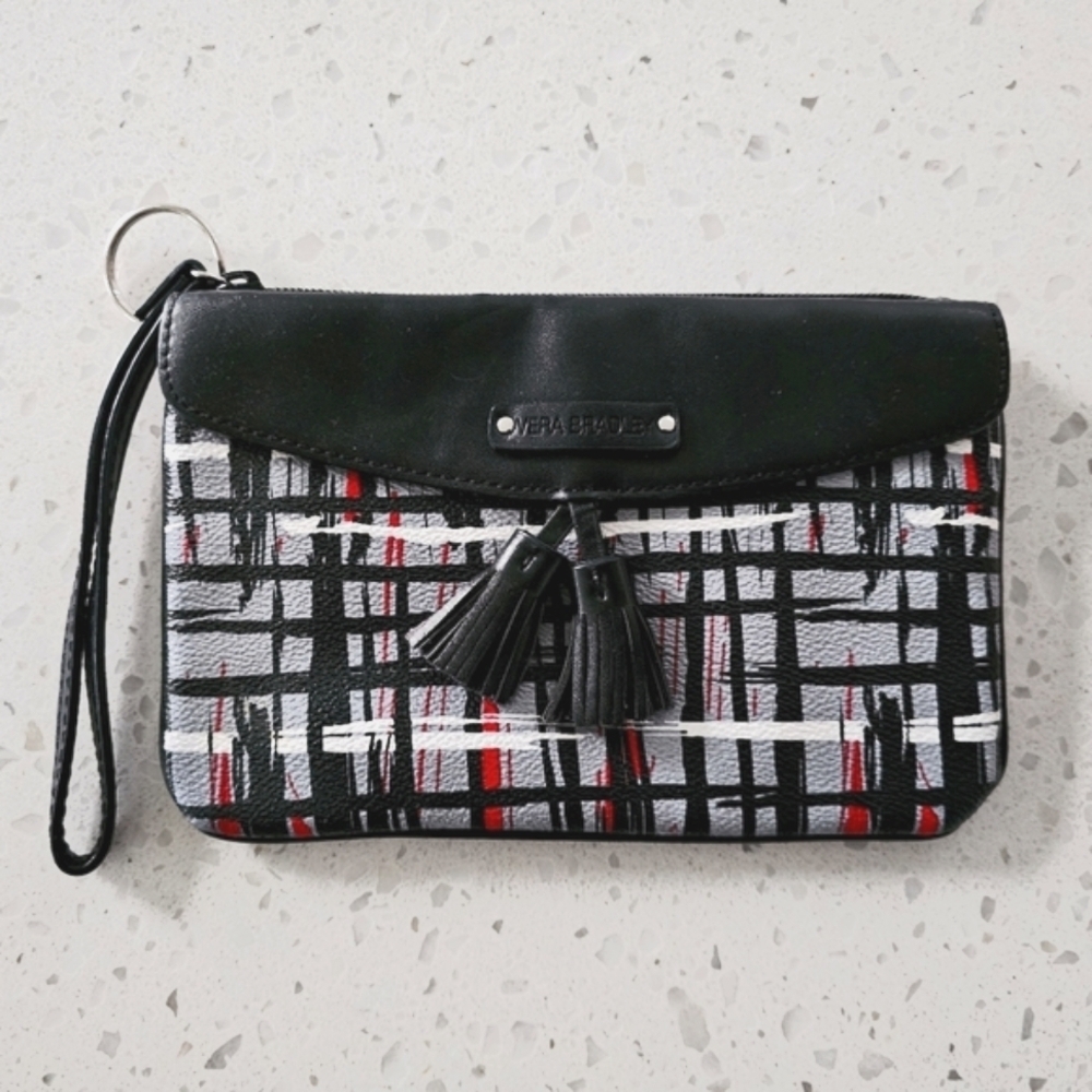 Vera Bradley Black, White, Gray, and Red Patterned Wristlet Wallet with Tassels